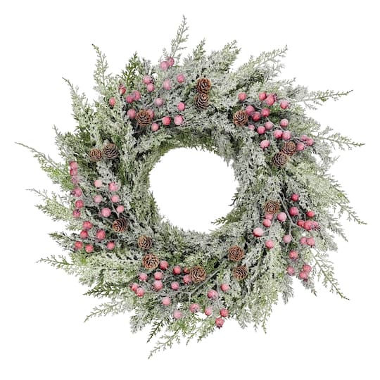 24" Flocked Green Adorned Artificial Wreath with Pinecones & Red Berries
